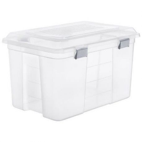 COFFRE DE RANGEMENT 60L TRANSPARENT MALLE AVEC POIGNEE ET COUVERCLE FERMETURE CLIPS