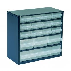 RACK METAL BLEU 306x150x h282mm AVEC 16 TIROIRS TRANSPARENTS